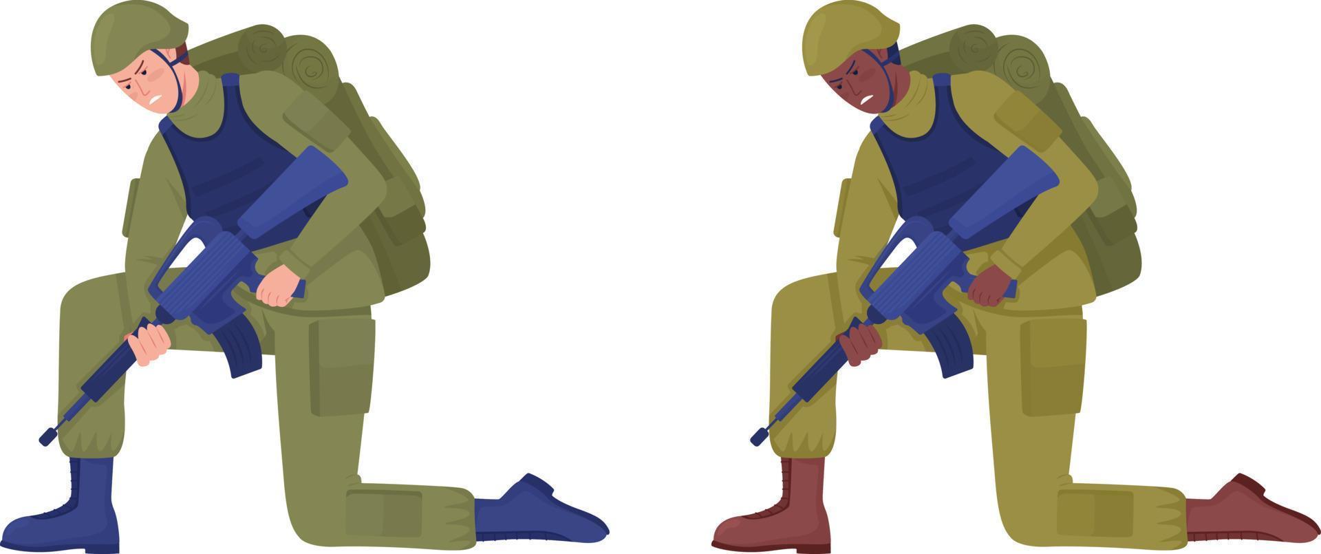 Members of armed forces semi flat color vector character set