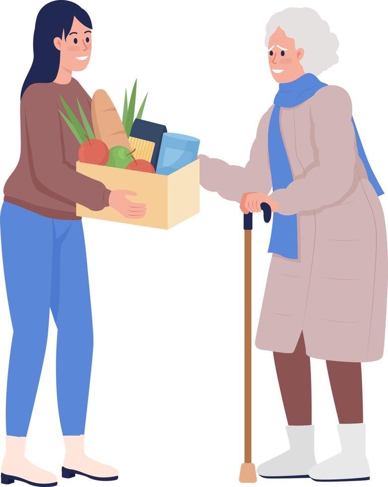 Old woman expressing thankfulness to volunteer semi flat color vector characters