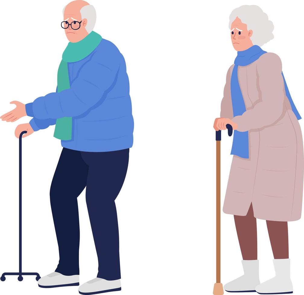 Elderly people with walking canes semi flat color vector character set