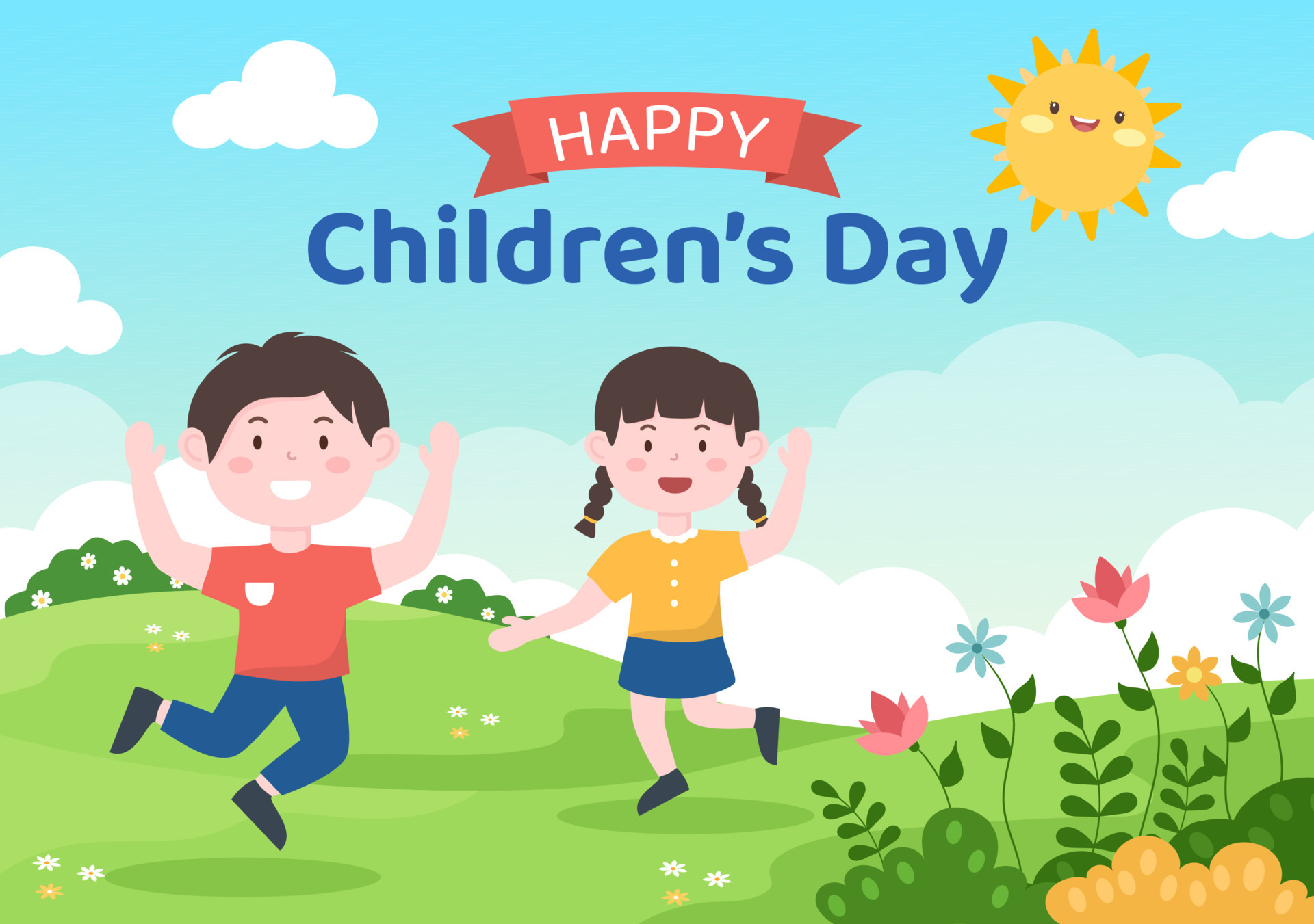 Happy Children's Day Celebration With Boys and Girls Playing in Cartoon ...