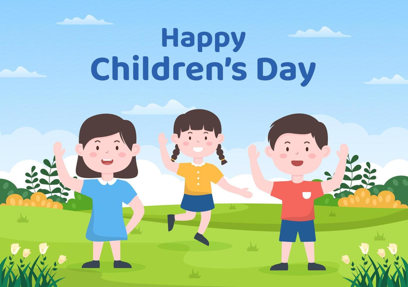 celebración del día del niño feliz con niños y niñas jugando en personajes de dibujos animados ilustración de fondo adecuada para tarjetas de felicitación o carteles vector