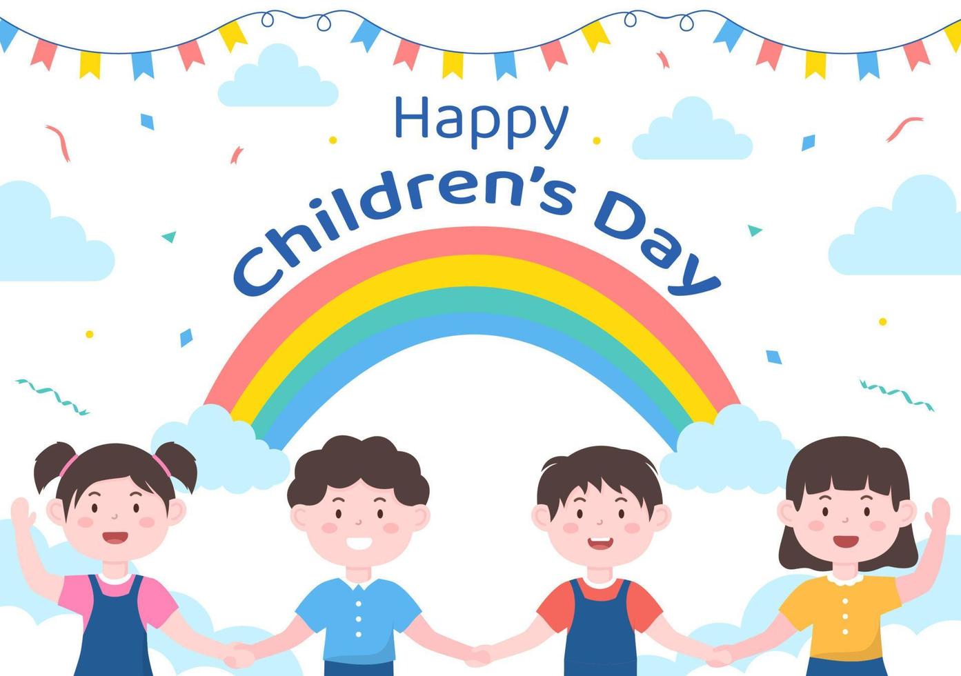 Happy Children's Day Celebration With Boys and Girls Playing in Cartoon Characters Background Illustration Suitable for Greeting Cards or Posters vector