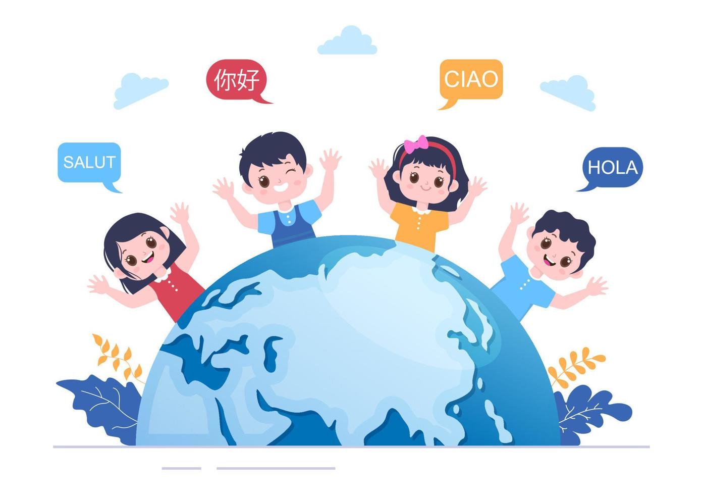 traductor o ilustración del idioma de traducción. saluda en diferentes países y diseño de dibujos animados de comunicación internacional multilingüe vector