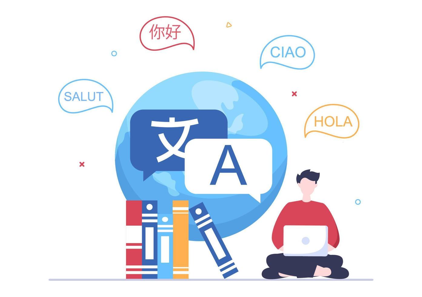 traductor o ilustración del idioma de traducción. saluda en diferentes países y diseño de dibujos animados de comunicación internacional multilingüe vector