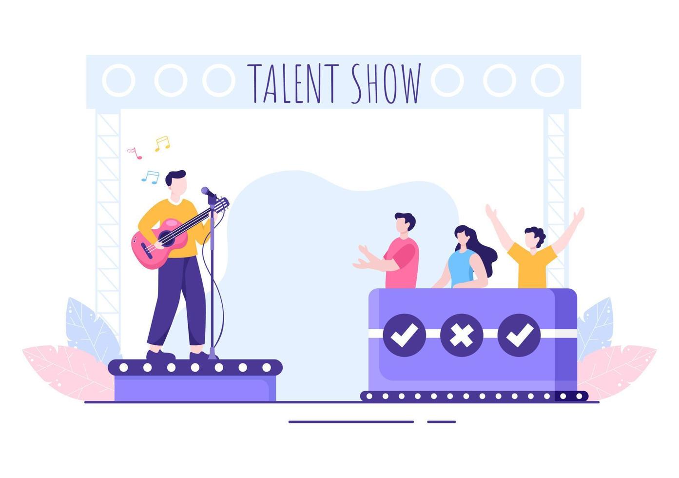 Talent Show with Contestants Displaying their Skill on Stage or Podium in Front of Judges Judging them in Cartoon Illustration vector