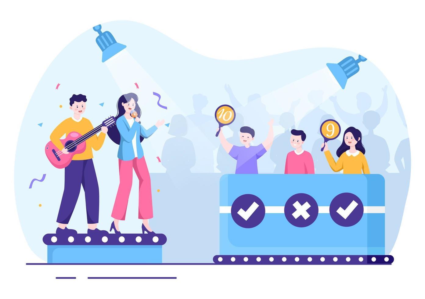 espectáculo de talentos con concursantes que muestran su habilidad en el escenario o en el podio frente a los jueces que los juzgan en dibujos animados vector