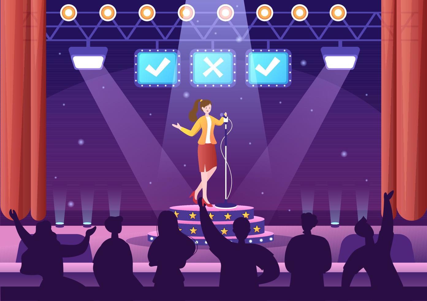 Talent Show with Contestants Displaying their Skill on Stage or Podium in Front of Judges Judging them in Cartoon Illustration vector