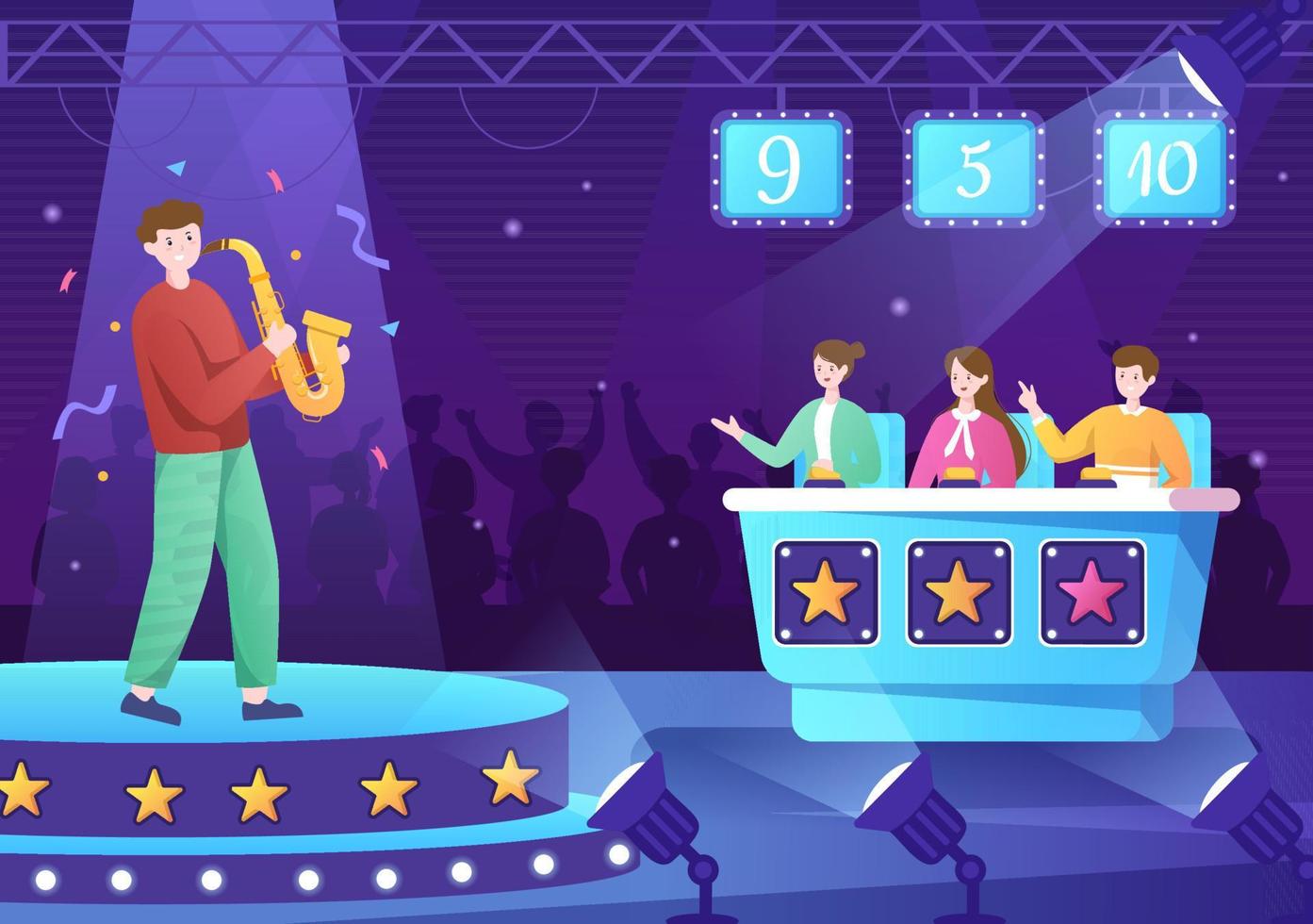 Talent Show with Contestants Displaying their Skill on Stage or Podium in Front of Judges Judging them in Cartoon Illustration vector