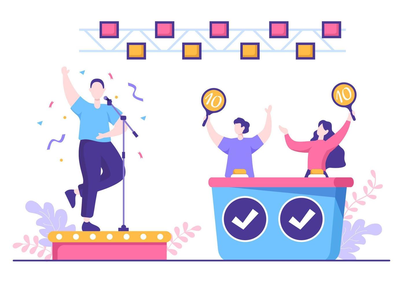 Talent Show with Contestants Displaying their Skill on Stage or Podium in Front of Judges Judging them in Cartoon Illustration vector