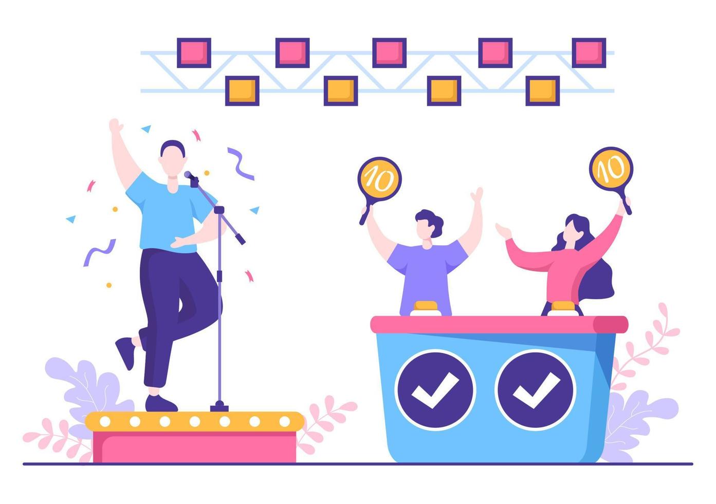 espectáculo de talentos con concursantes que muestran su habilidad en el escenario o en el podio frente a los jueces que los juzgan en dibujos animados vector