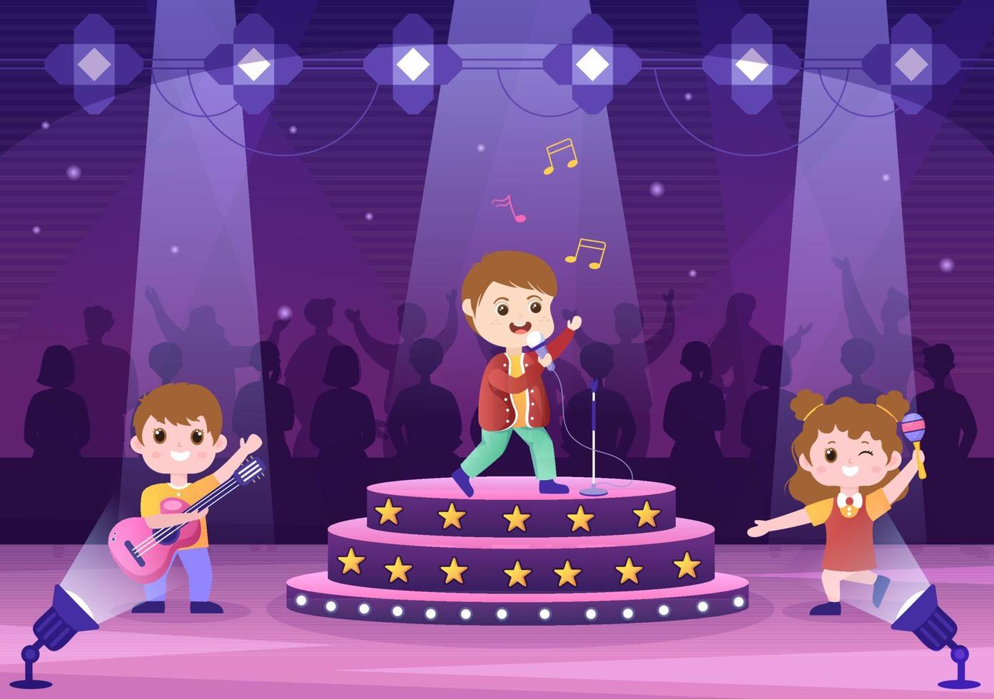 Talent Show with Contestants Displaying their Skill on Stage or Podium in Front of Judges Judging them in Cute Cartoon Illustration vector