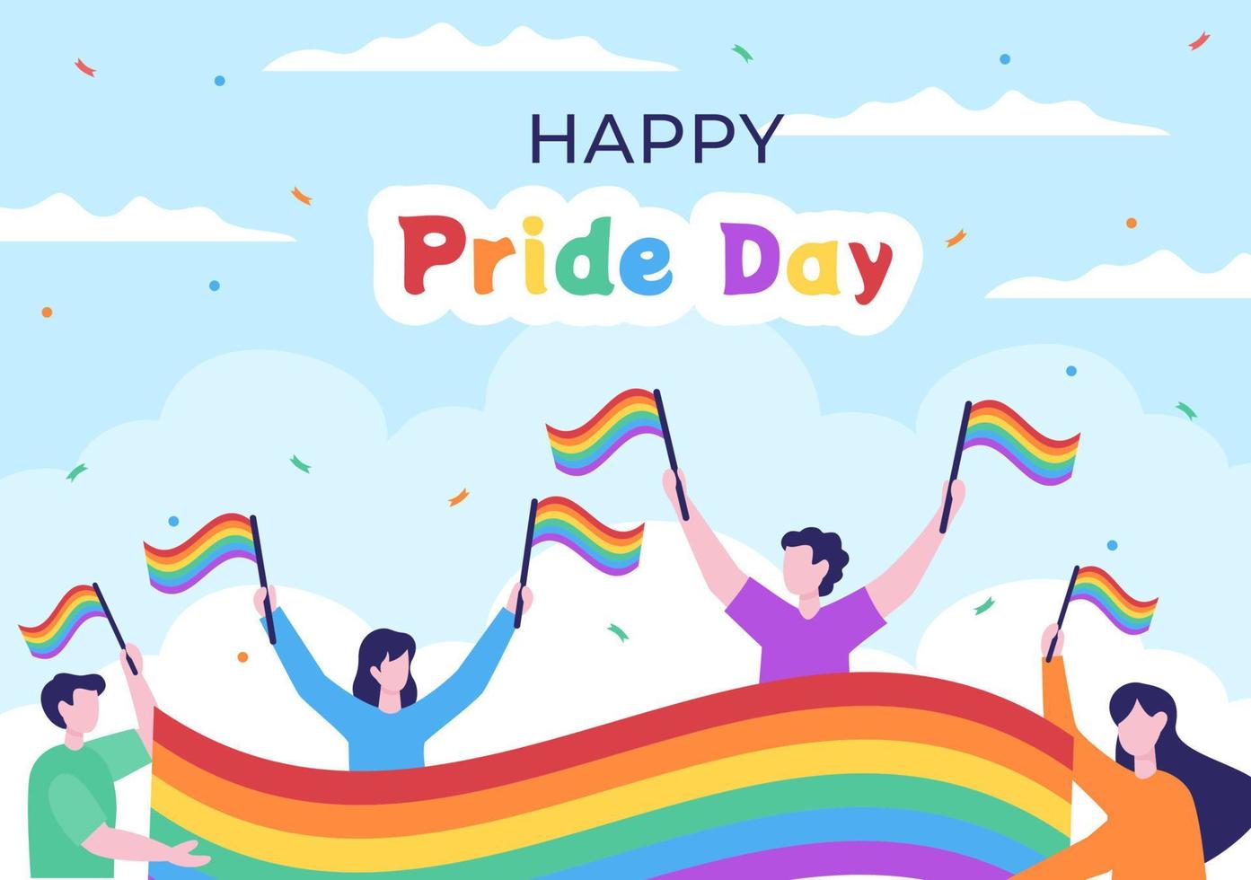 feliz día del mes del orgullo con el arco iris lgbt y la bandera transgénero para desfilar contra la violencia, la discriminación, la igualdad o la homosexualidad en la ilustración de dibujos animados vector