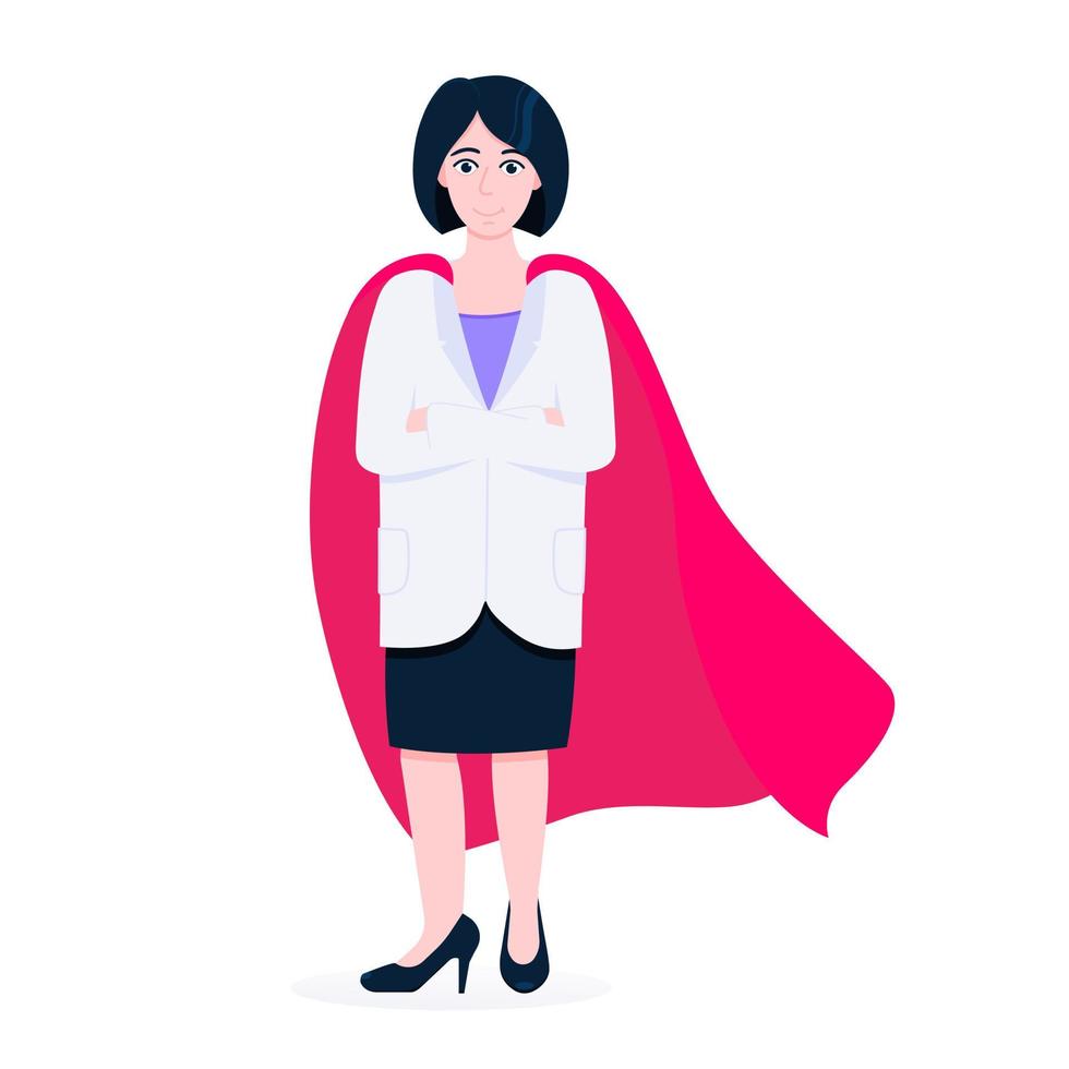 Young adult doctor hospital medical employee with hero cape behind fights against diseases. vector