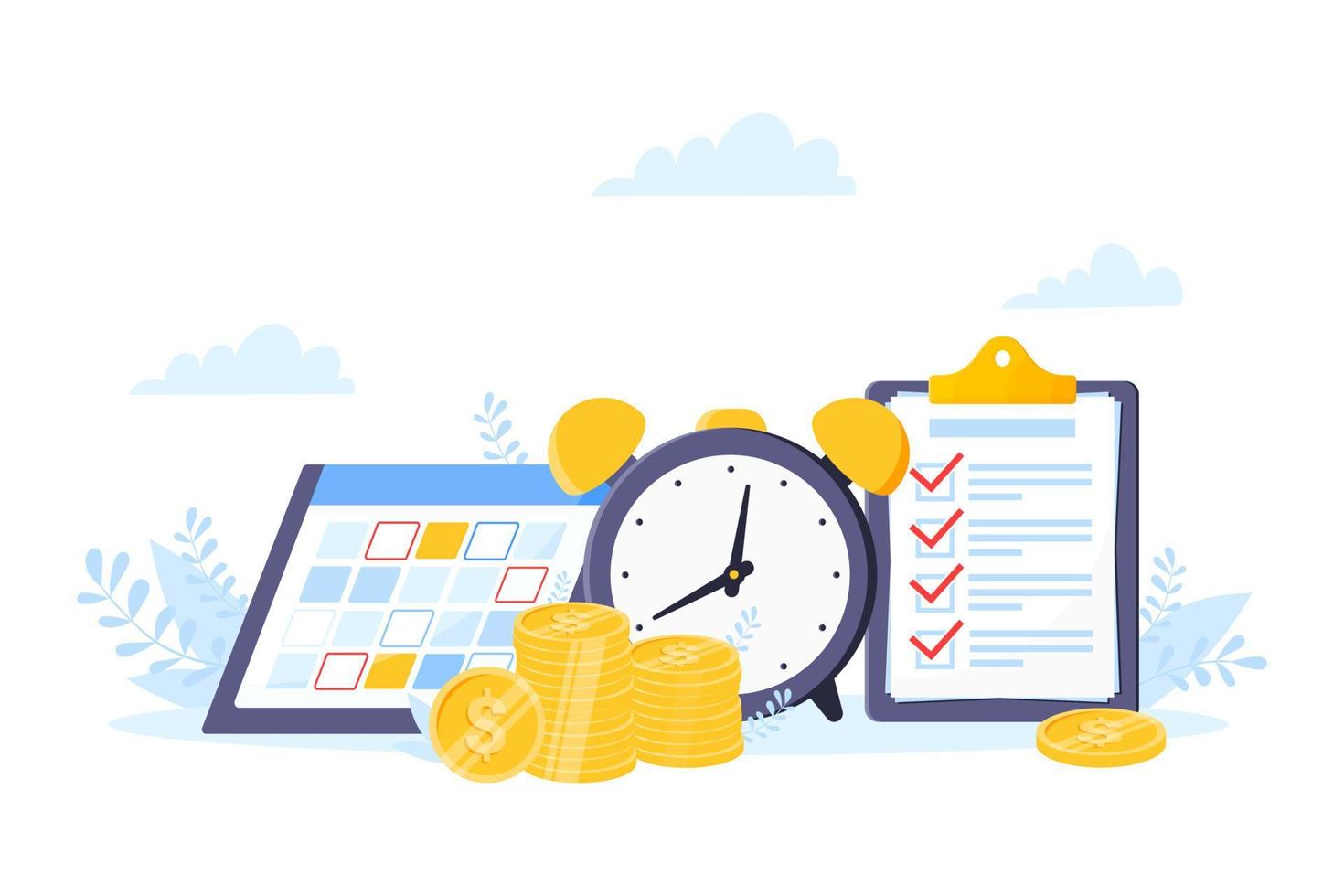 Time is money or saving money business concept. Giant clock, calendar schedule and checklist symbol. vector