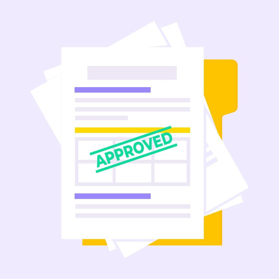 Approved credit or loan form with document file and claim form on it. vector