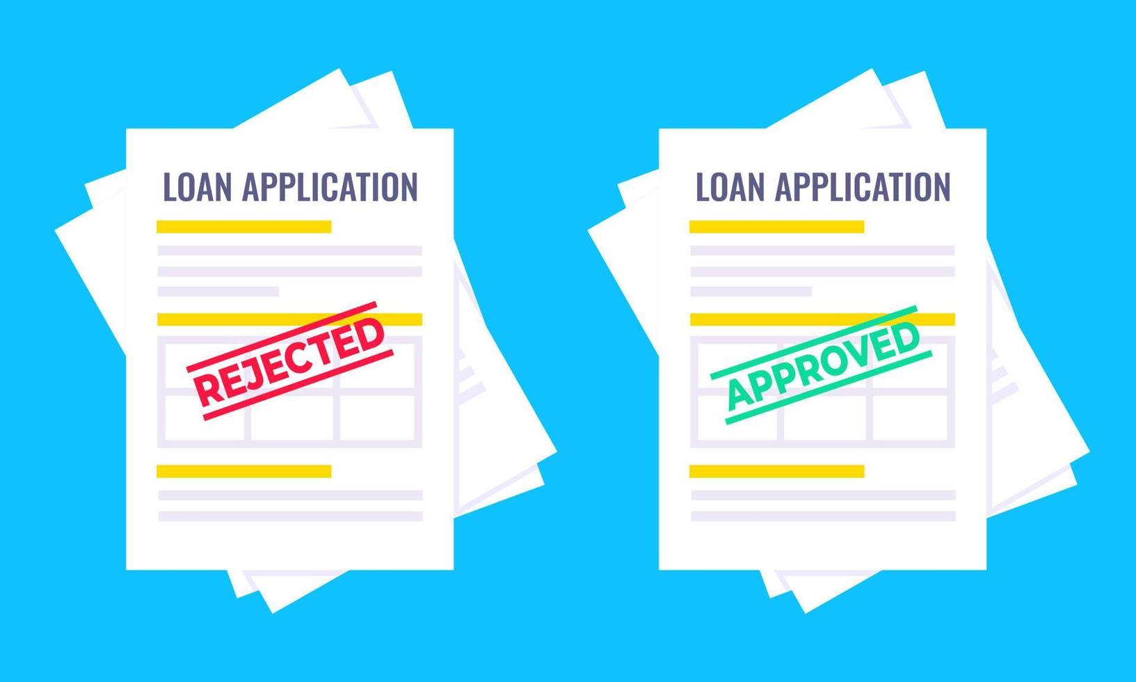 Rejected and approved credit or loan forms set with claim form on it, paper sheets isolated on blue background vector