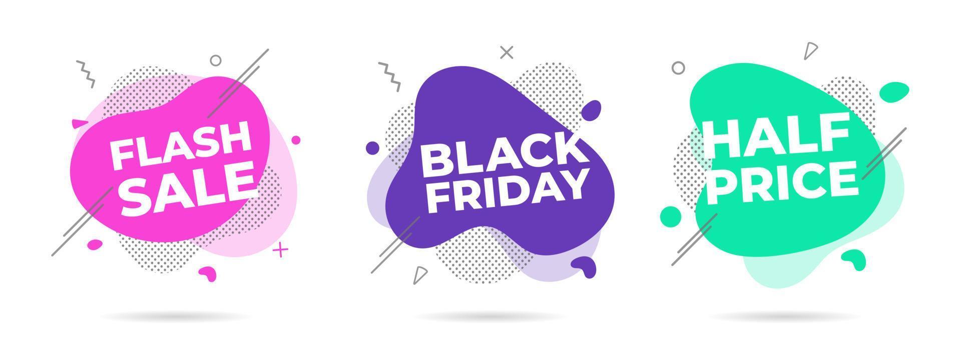 3 Modern liquid abstract flash sale, half price, black friday text vector