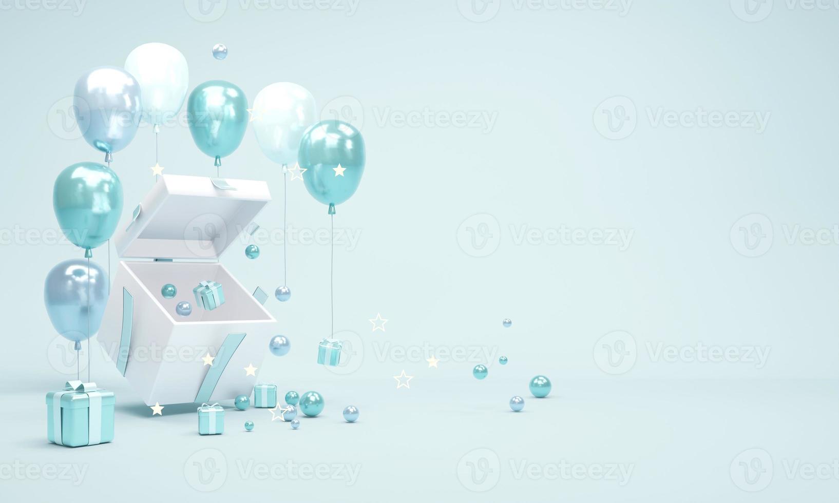 Concepto de representación 3d de caja de regalo abierta que muestra espacio interior con pequeños regalos y elementos geométricos compuestos en tema azul para diseño comercial. Ilustración de procesamiento 3d. foto