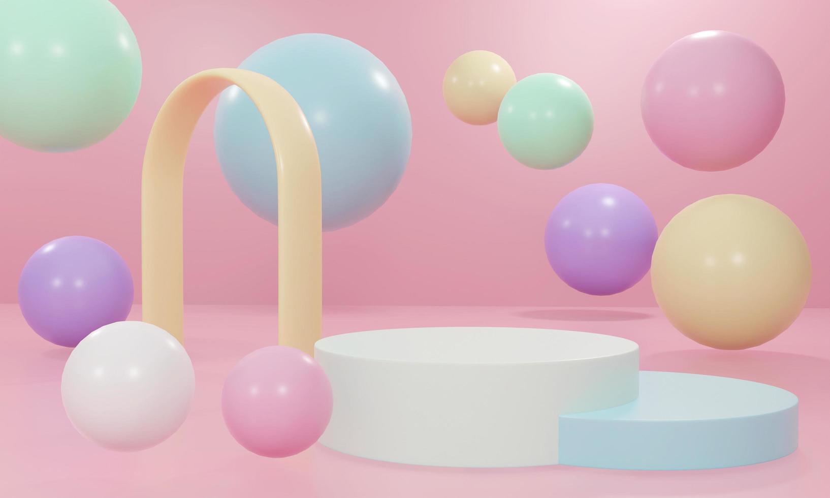 3D Rendering abstract minimal mixed geometric shapes scene with podium product display in soft pastel colors scene for commercial. 3d render illustration. photo