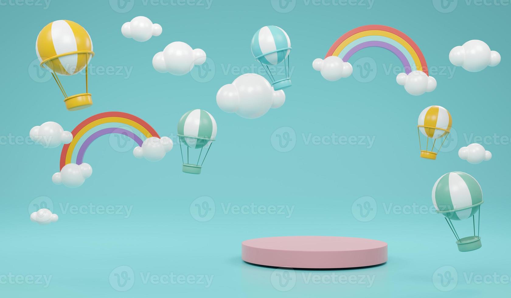 3D Rendering product stand podium display with rainbow clouds hot air balloons and stars on background for commercial design concept of rainbow podium. photo