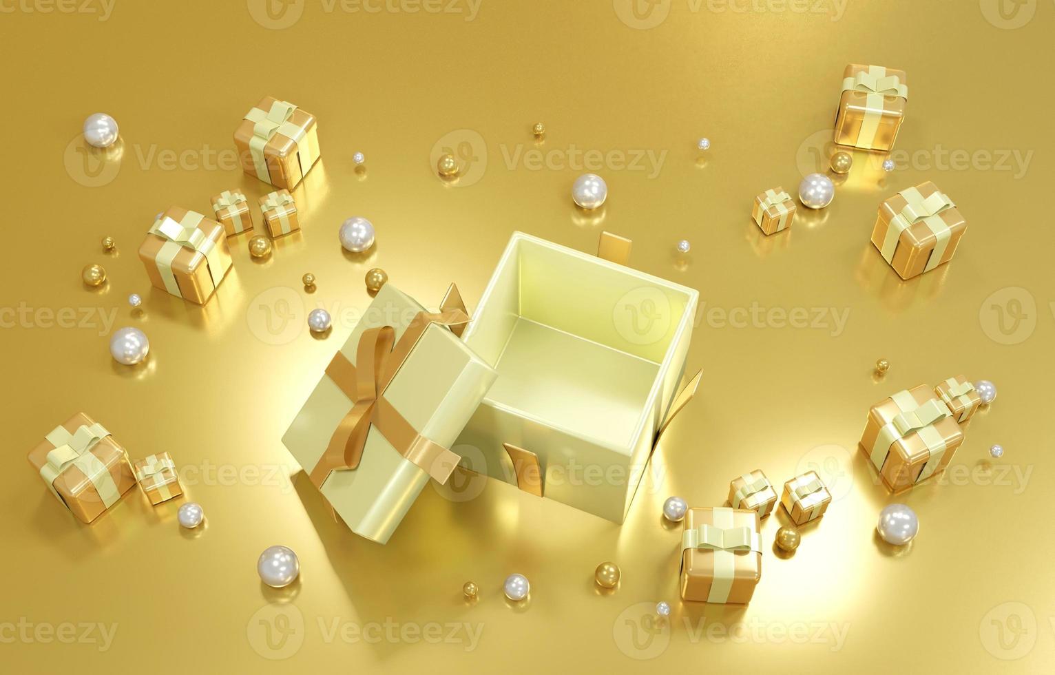 3D rendering concept of gold present box opens up to show luxury geometric elements and blank space inside for commercial design. 3D render. photo