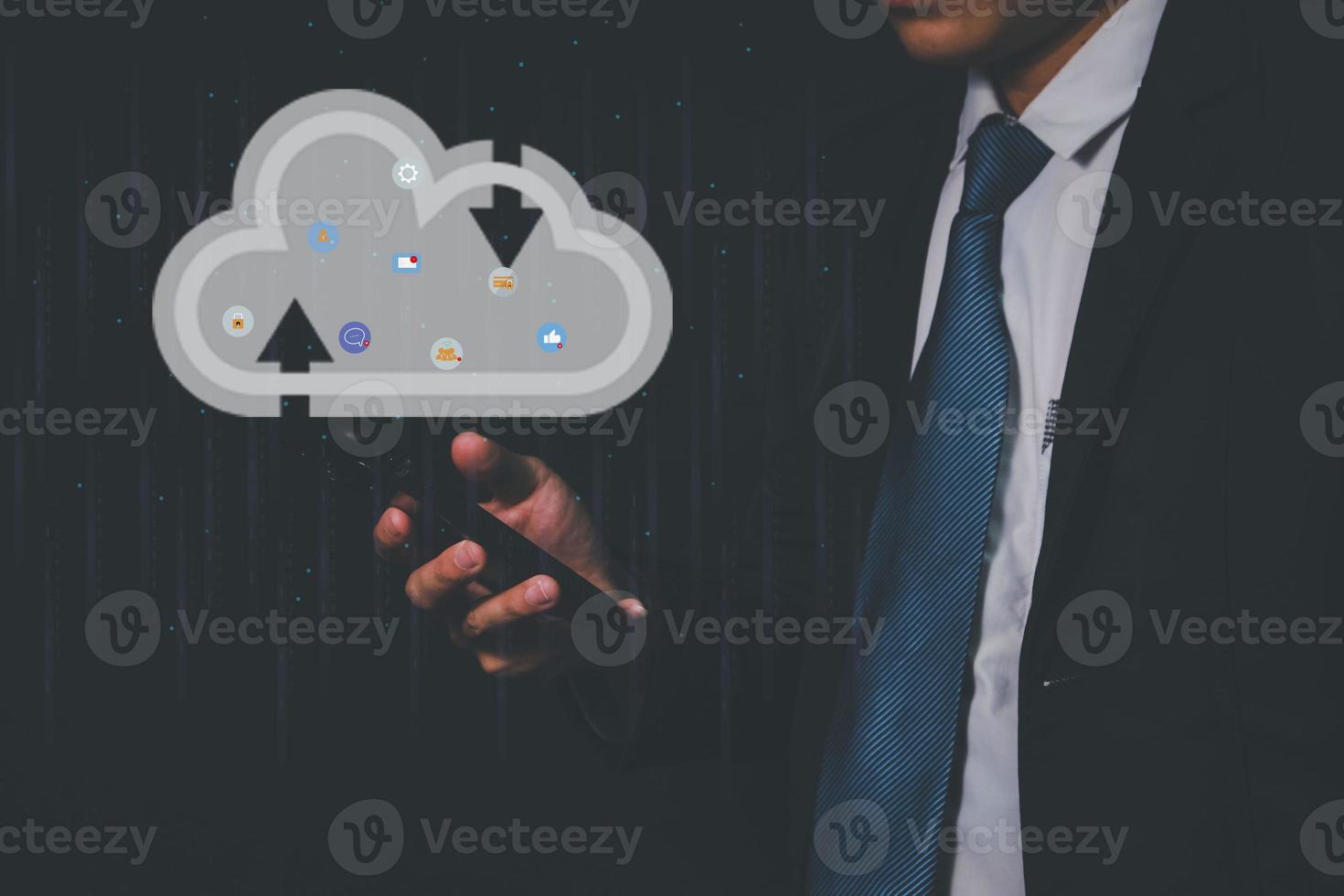 Businessman in black, network technology concept, cloud, global digital screen, high-speed network online. photo