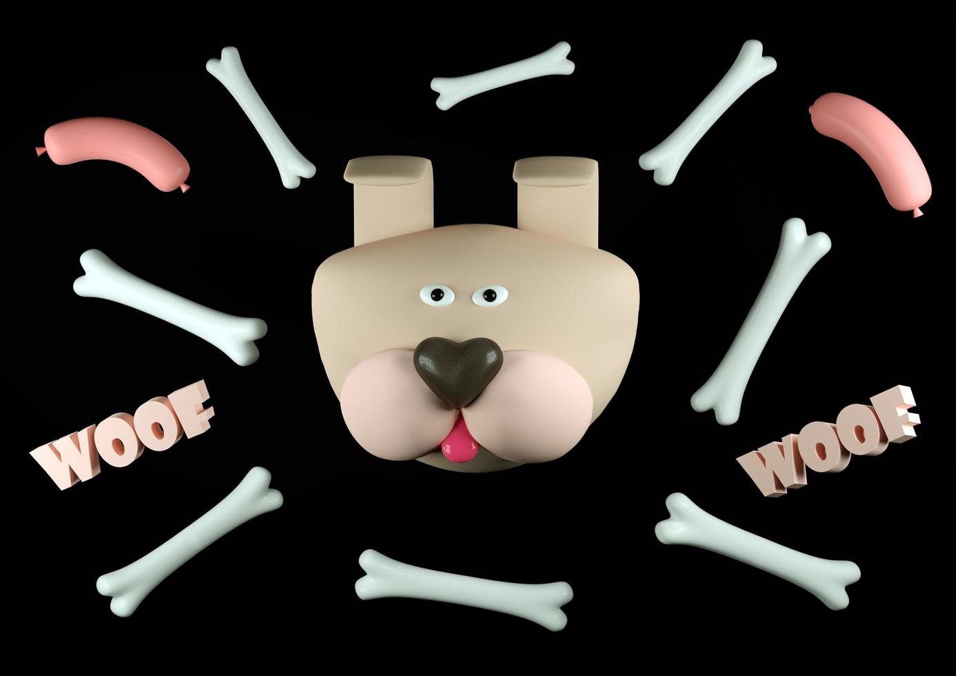 Dog with a bone and sausage 3d  illustration photo