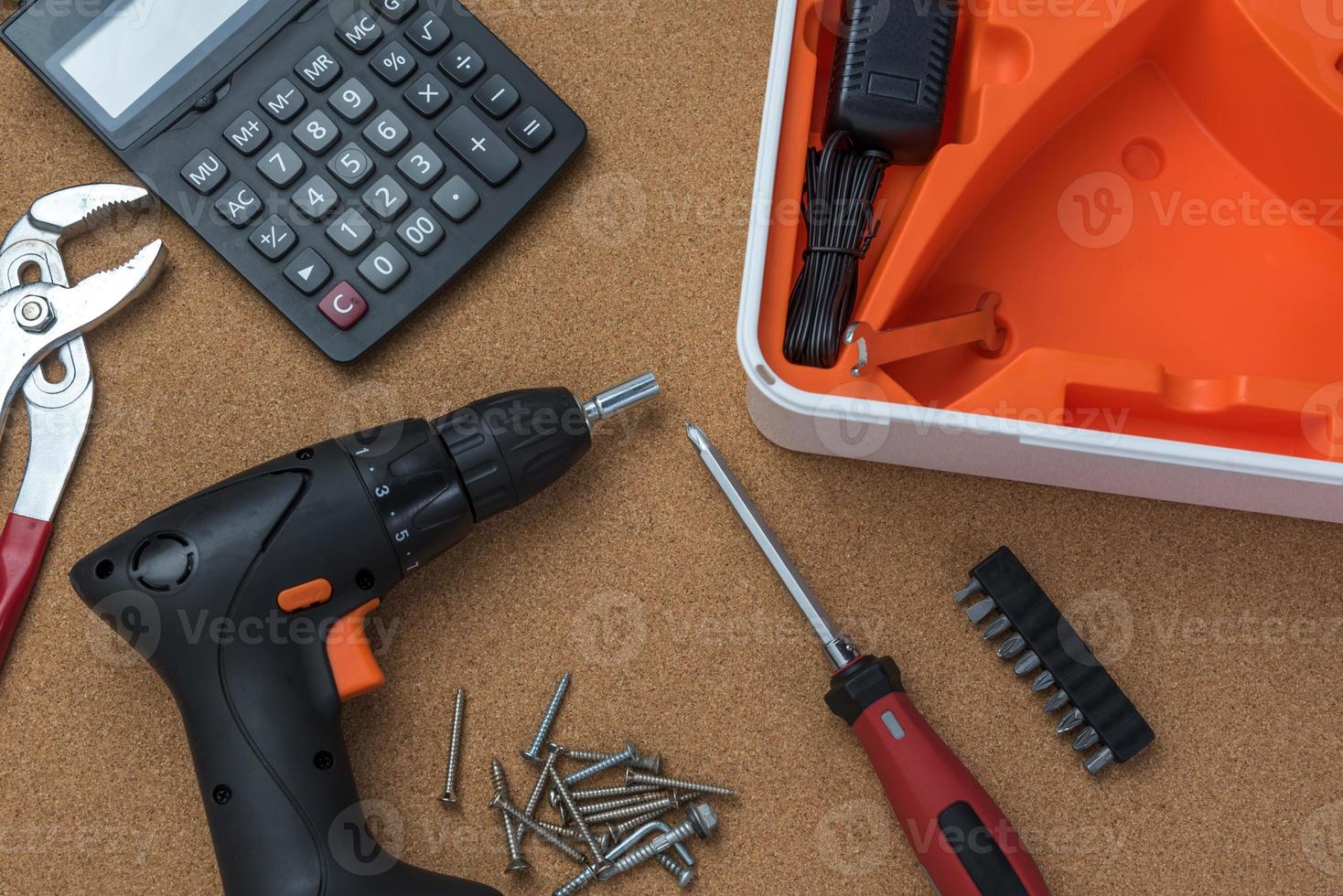 many handy tools, on wooden background top view with copy space for text, Labor day background photo