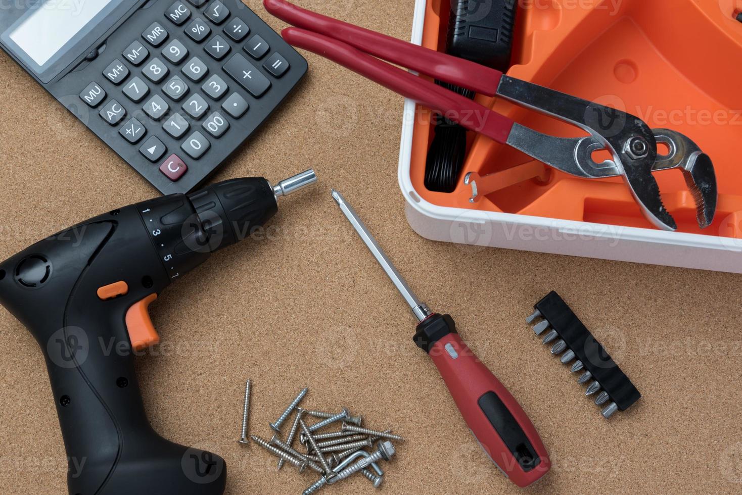 many handy tools, on wooden background top view with copy space for text, Labor day background photo