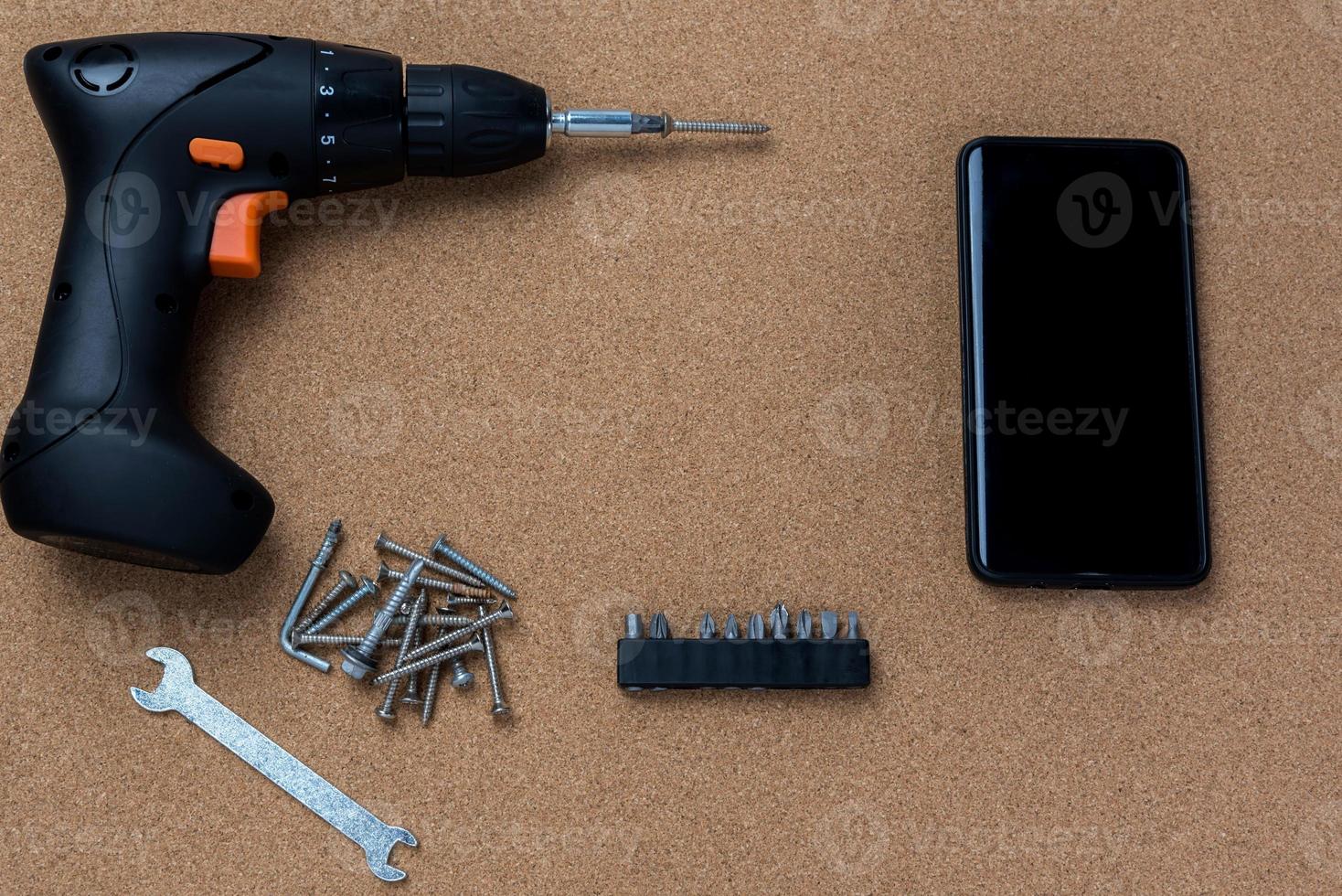 many handy tools, on wooden background top view with copy space for text, Labor day background photo