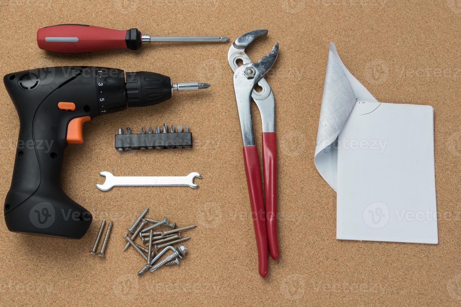 many handy tools, on wooden background top view with copy space for text, Labor day background photo