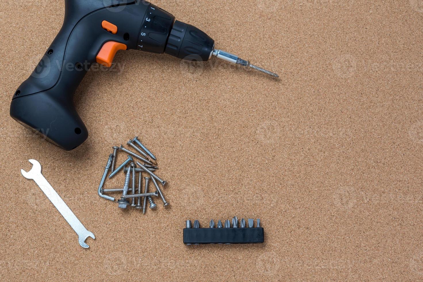 many handy tools, on wooden background top view with copy space for text, Labor day background photo