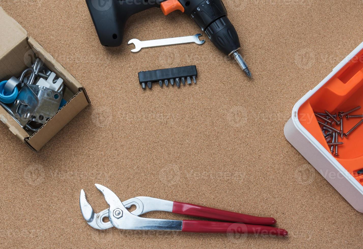 many handy tools, on wooden background top view with copy space for text, Labor day background photo