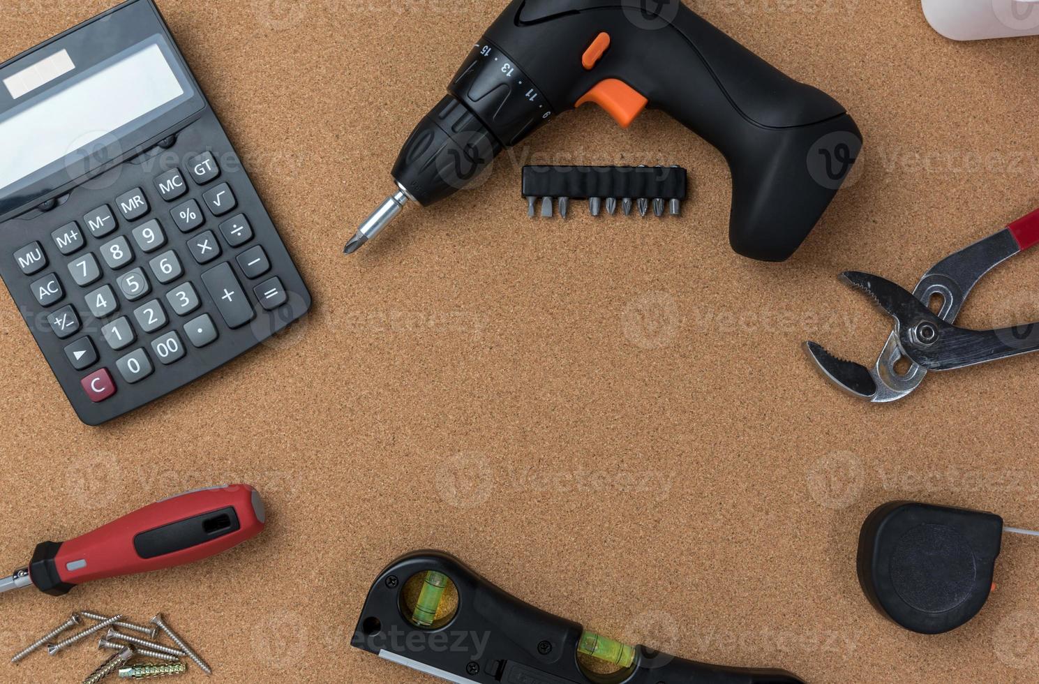 many handy tools, on wooden background top view with copy space for text, Labor day background photo