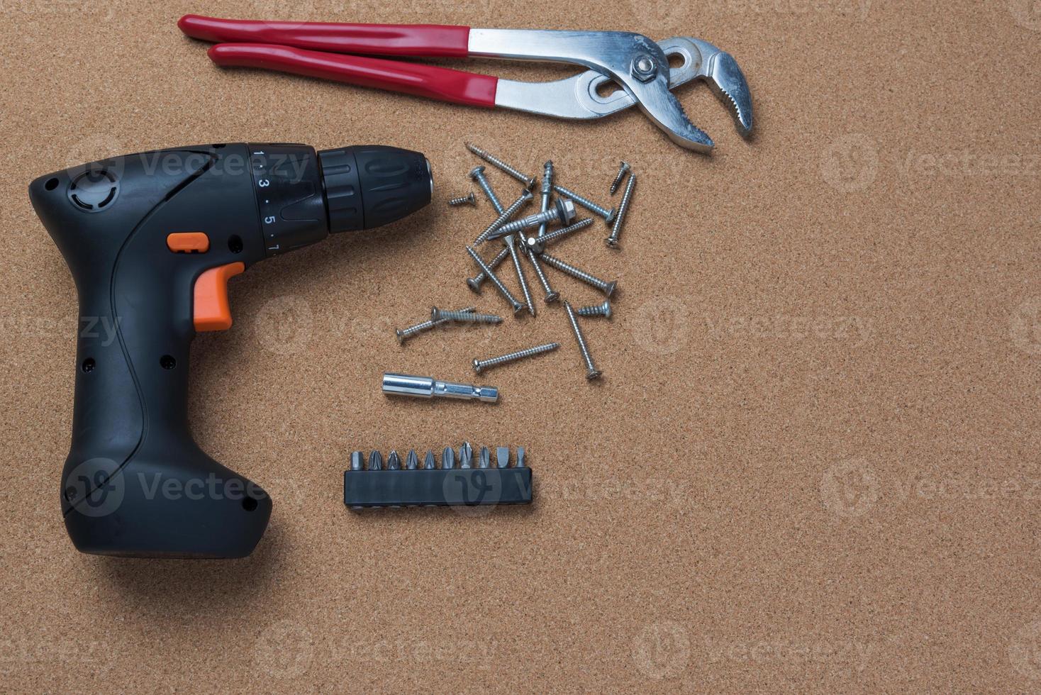 many handy tools, on wooden background top view with copy space for text, Labor day background photo