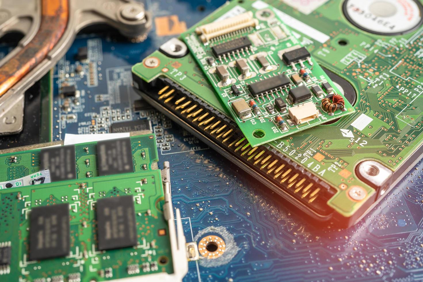 micro circuit main board computer electronic technology, hardware, upgrade, cleaning concept. photo