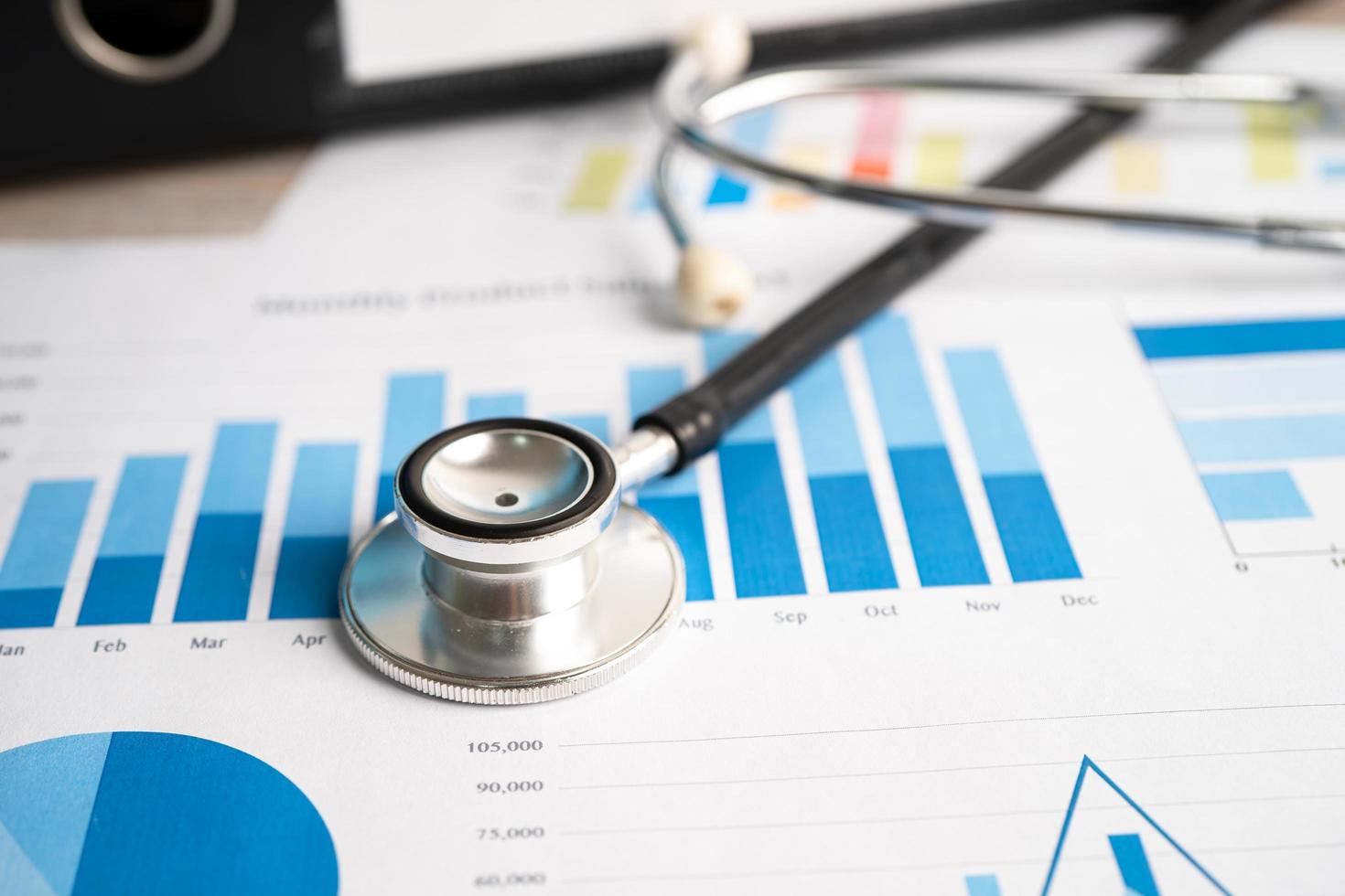 Stethoscope on charts and graphs paper, Finance, Account, Statistics, Investment, Analytic research data economy and Business company concept. photo