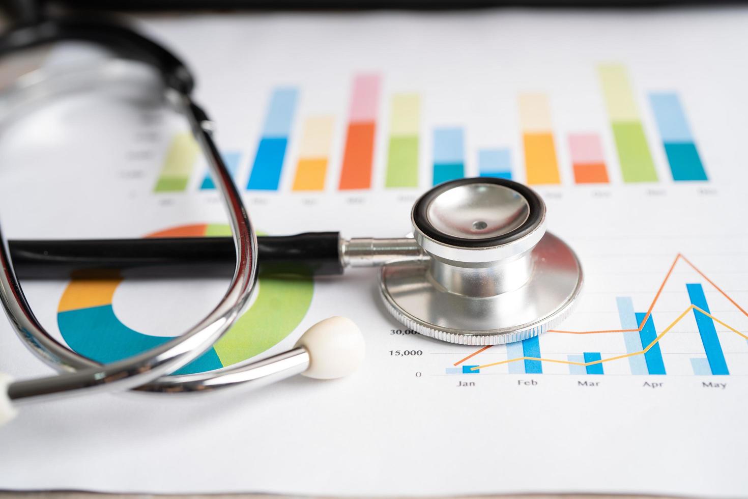 Stethoscope on charts and graphs paper, Finance, Account, Statistics, Investment, Analytic research data economy and Business company concept. photo