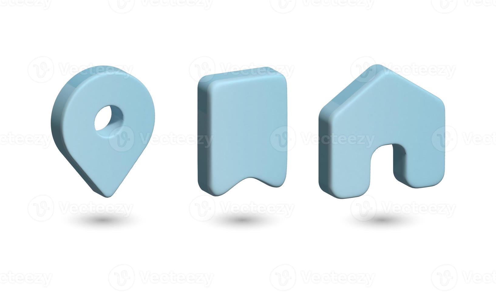 un conjunto de iconos 3d, una casa, una bandera y un cartel de ubicación, en azul pálido sobre un fondo blanco. iconos para internet, para el diseño del sitio. ilustración 3d foto