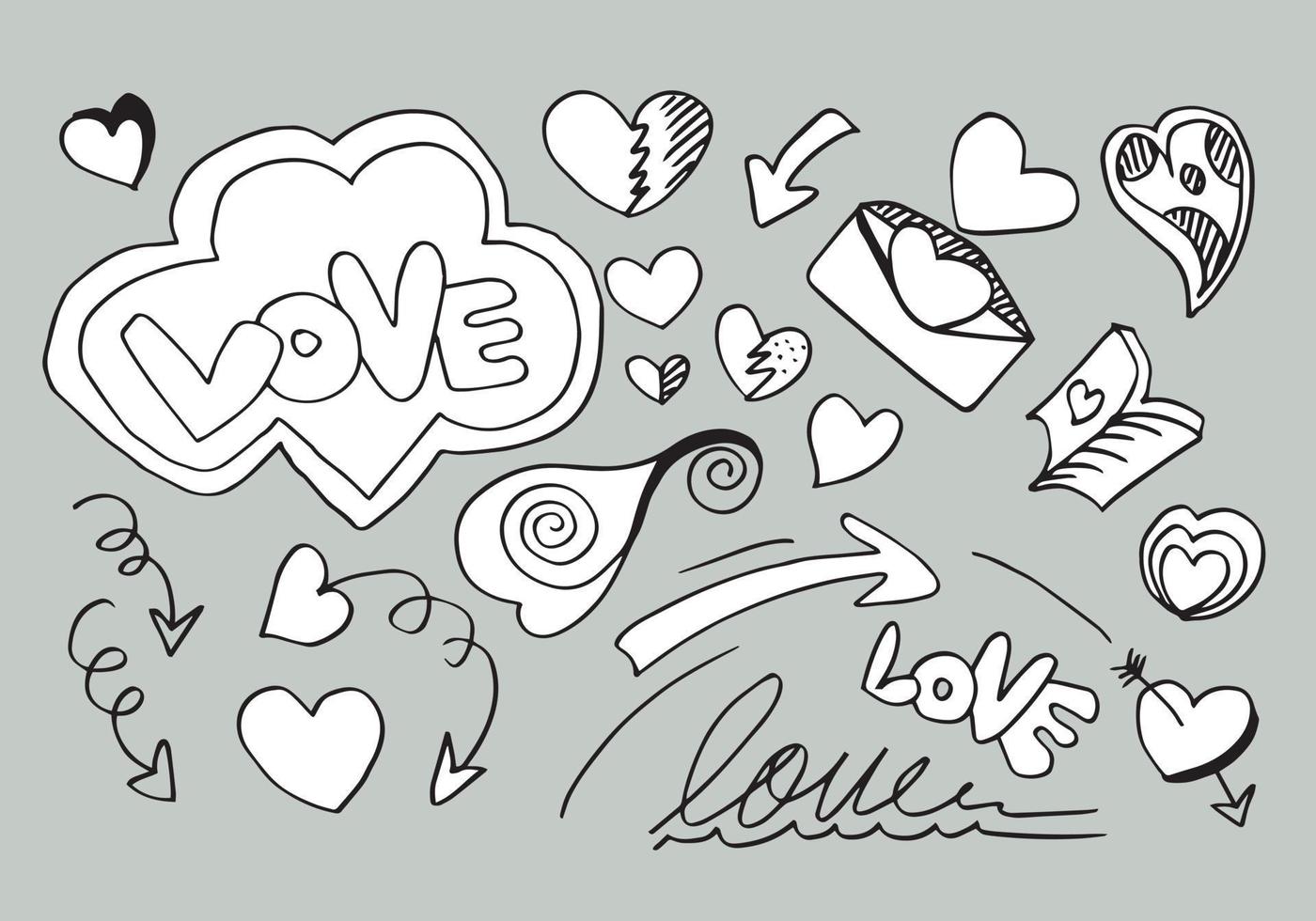 hand drawn doodles set for Valentine's Day. collection of beautiful hearts and writings Love. Vector illustration.