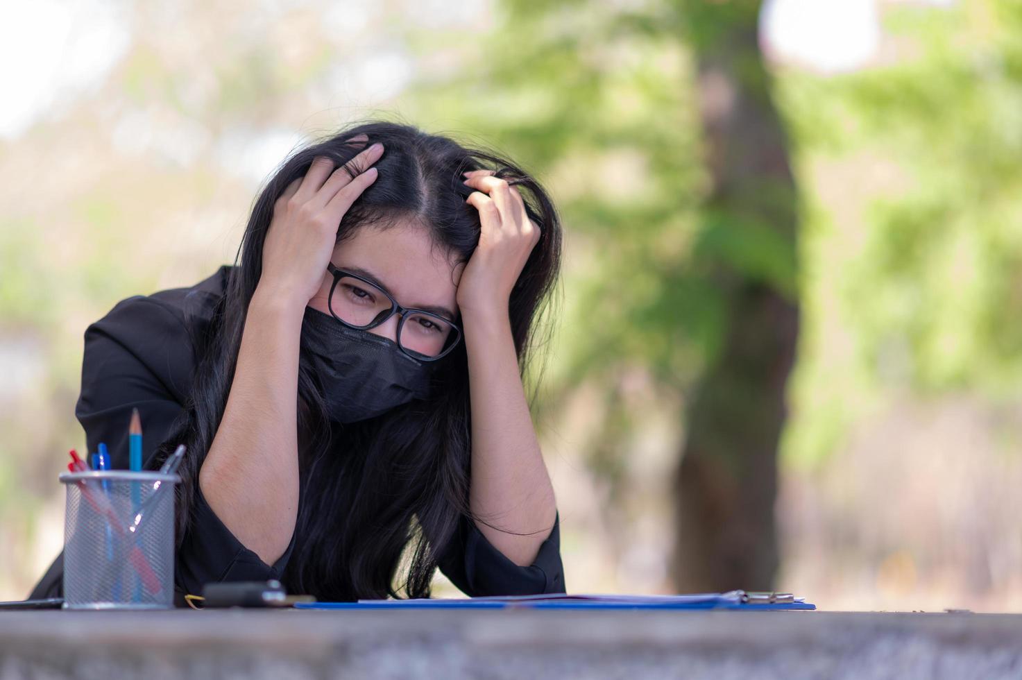 Asian business women must use a face mask to prevent dust pollution and prevent virus infection,During the outbreak of the corona virus that has to work at home photo