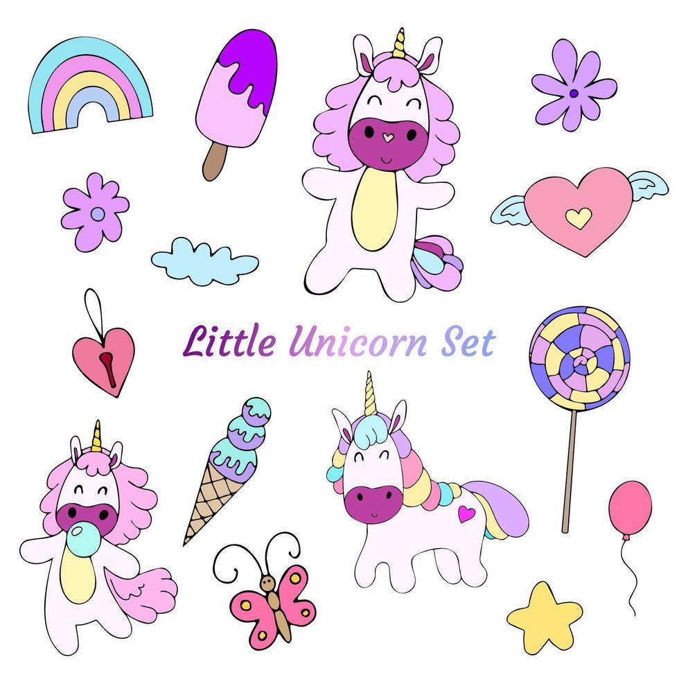 vector set of cartoon unicorn doodle with other cute object