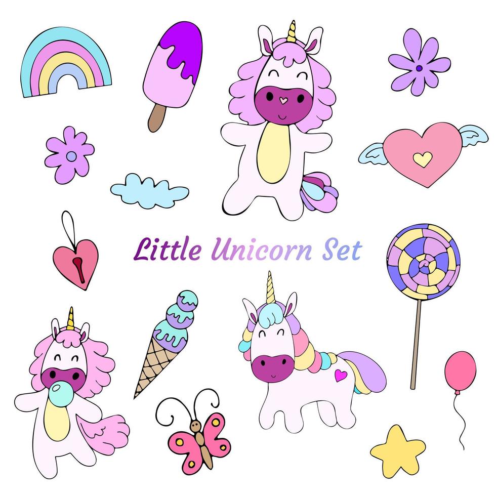 conjunto vectorial de doodle de unicornio de dibujos animados con otro objeto lindo vector