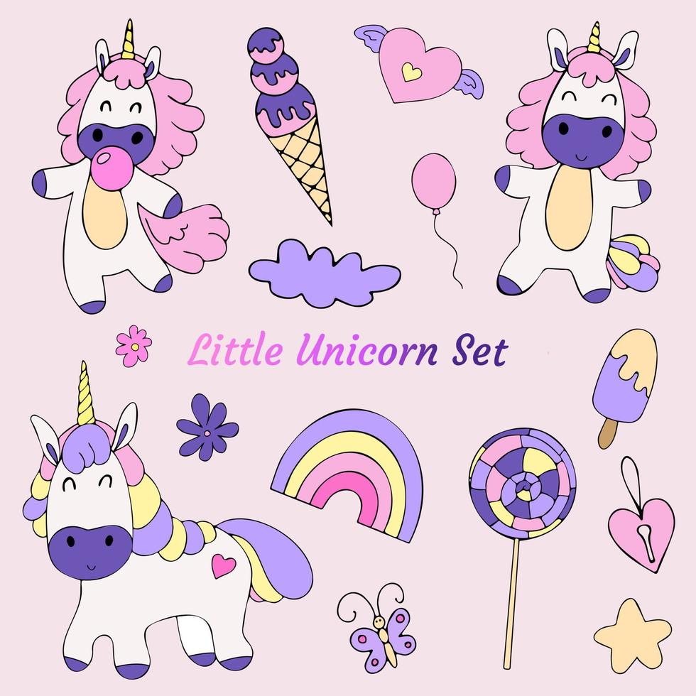 vector set of cartoon unicorn doodle with other cute object