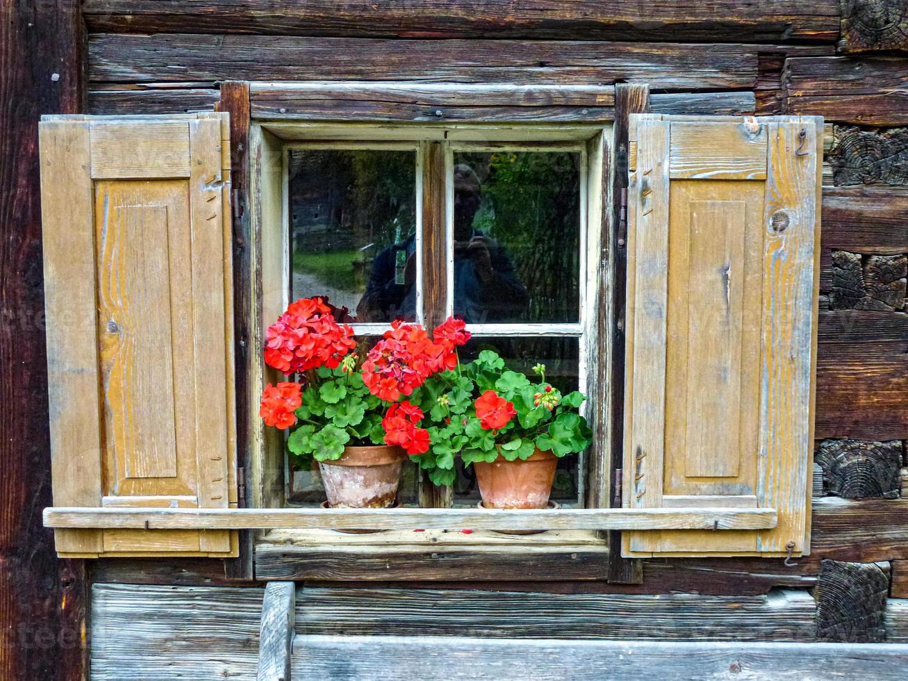 primer plano de una vieja ventana de madera con flores en el alféizar foto