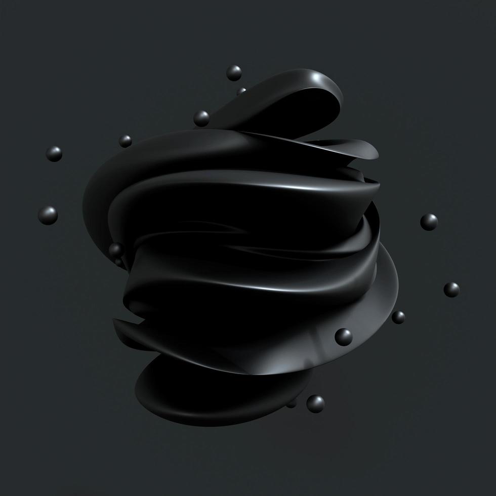 Abstract art 3d sculpture with black flower in curve wavy spherical biological lines with small black ball isolated on dark gray background, 3D Rendering photo