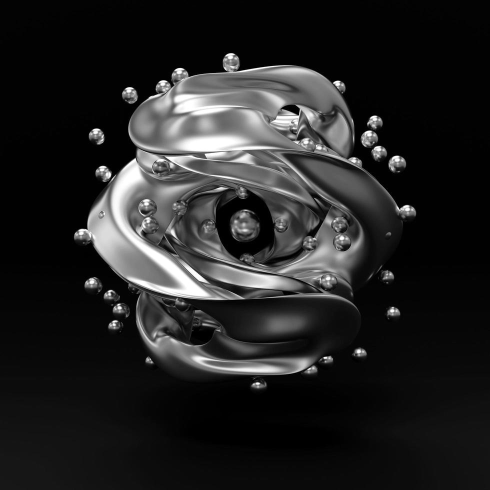 Abstract art 3d sculpture with silver flower in curve wavy spherical biological lines with small silver ball isolated on black background, Silver texture, 3D Rendering photo