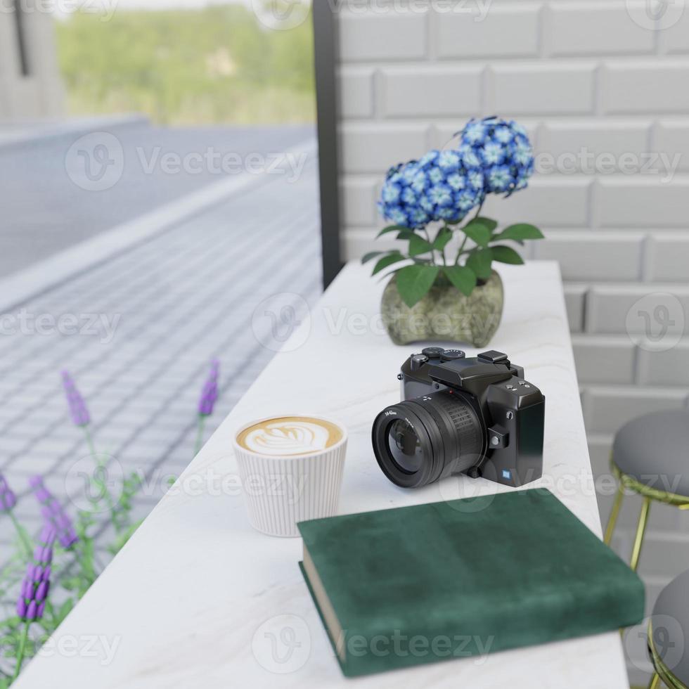 3D rendering hot coffee and camera placed on a white marble table in cafe on holiday photo
