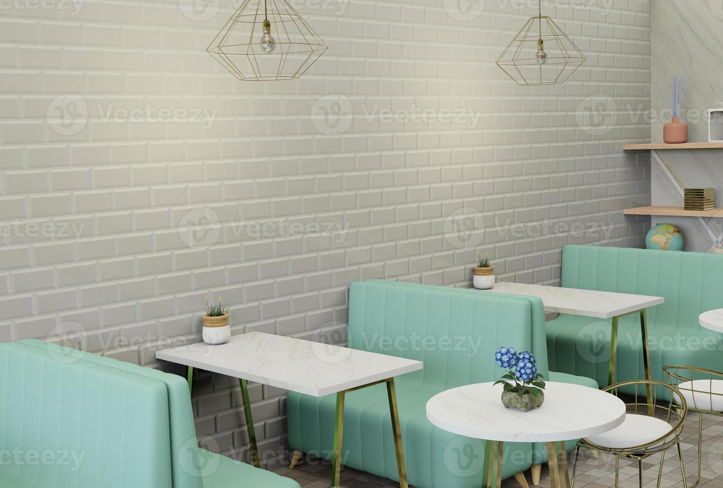 Café interior de representación 3d, sofá de terciopelo verde en la cafetería foto