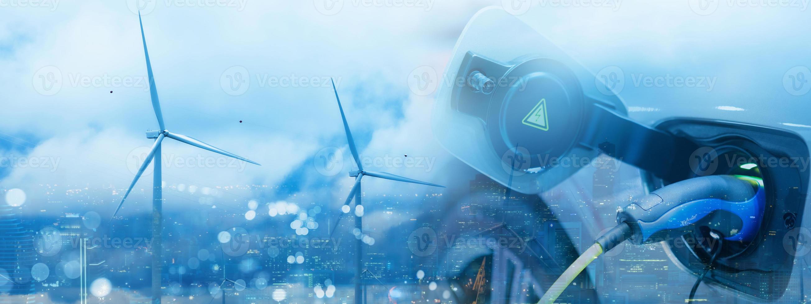 Ev vehicle electric car charge battery with wind turbine and blue sky blur bokeh cityscape on the panoramic background. Idea nature electric energy generates electricity. Green eco concept. photo